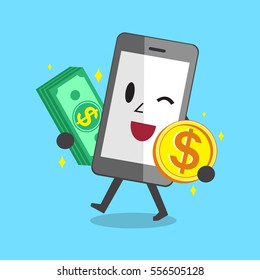 Smartphone carrying money stack and coin