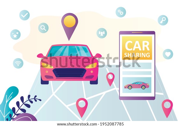 Smartphone with carsharing application.\
Navigation map and modern vehicle. Online rental or sharing\
service. Internet technology, transport business. Location, search\
for free car. Vector\
illustration