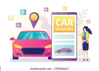 Smartphone with carsharing application. Woman agent or clerk and modern vehicle. Online rental or sharing service. Internet technology, transport business. Flat vector illustration