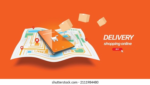 Smartphone with a cart icon on the screen placed on a GPS map and pin to the location of the delivery and there was a parcel box floating in mid-air,vector 3d on orange background for online shopping