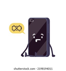 Personaje de dibujos animados de Smartphone, duración de la batería del teléfono muerto. Ya no hay dispositivo viviente, se pierde energía, falta de energía, pantalla vacía negra, error fatal del sistema. Ilustración de estilo plano vectorial