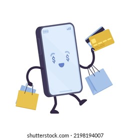 Smartphone Cartoon Character, Mobile Commerce Payment System. Purchase Online Using Device, Ecommerce, Paying Bills, Buying And Selling Goods, Services, Booking Ticket. Vector Flat Style Illustration