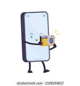 Smartphone cartoon character, mobile phone camera. Gadget performance in photo, video, display great resolution, flagship device model, professional photography app. Vector flat style illustration