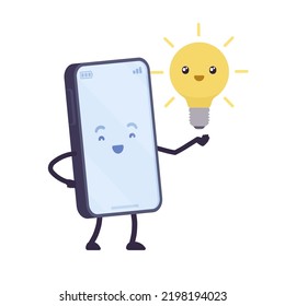 Smartphone cartoon character, powerful flashlight, idea. Torch app, electric light, happy lamp bulb, idea and innovation management, bright thinking or education. Vector flat style illustration