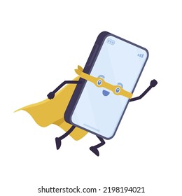 Personaje de caricatura de Smartphone, teléfono móvil súper héroe. Super Power Device, gadget de fuerza especial con aplicaciones increíbles, mejor función, tecnología fantástica y diseño. Ilustración de estilo plano vectorial