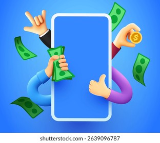 Smartphone with cartoon funny hands and flying banknotes. Get your money. Online earnings. Vector illustration