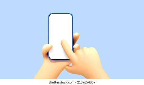 Smartphone in cartoon hand with blank white screen and forefinger touching it isolated on blue background. Vector 3d illustration
