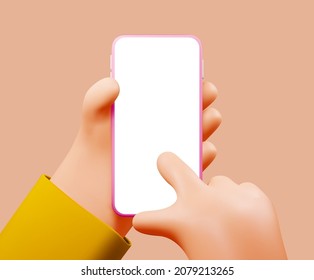 Smartphone in cartoon hand mockup with blank white screen and forefinger touching it isolated on beige background. Vector illustration