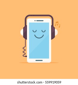 Smartphone Cartoon Kawaii Character Enjoying Music On Headphones Vector Illustration
