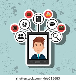 smartphone with cartoon man on the screen and icon set of media above over blue background vector illustration