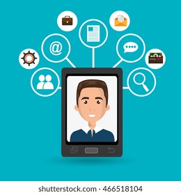 smartphone with cartoon man on the screen and icon set of media above over blue background vector illustration