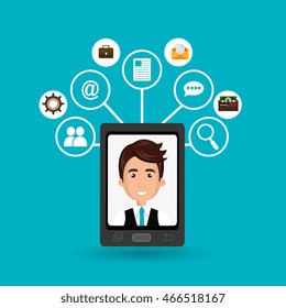 smartphone with cartoon man on the screen and icon set of media above over blue background vector illustration