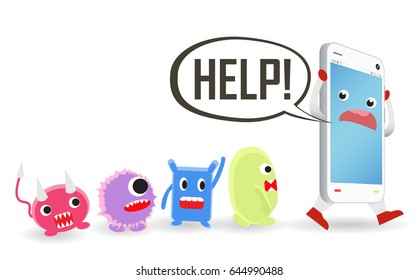 smartphone cartoon need help from virus computer attack