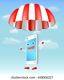 smartphone cartoon use parachute on sky background