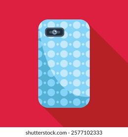 Smartphone case with a blue and white dotted pattern is lying flat on a vibrant red background, showcasing its sleek design