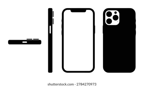 Smartphone case blueprint template with front back side views, black mobile cover outline and camera cutout for phone accessory design, protective case mockup. Realistic iphone from apple Notch Modern Smartphone mockup template Slim Bezels With Buttons Branding Mockup samsung google Isolated Office Business Advertisement Mobile device Promotion Technology. Dynamic island, iphone 17 pro max, pixel
