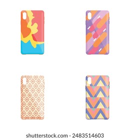 Smartphone case icons set cartoon vector. Phone case with decorative ornament. Cellphone accessory