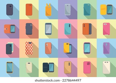 Smartphone case icons set flat vector. Cover case. Glass crash
