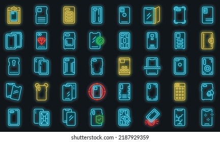 Smartphone case icons set outline vector. Cover case. Glass crash vector neon