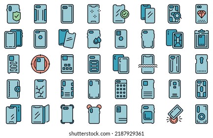 Smartphone case icons set outline vector. Cover case. Glass crash