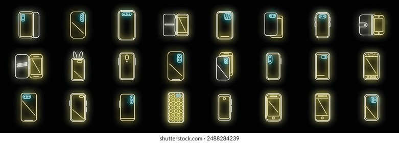 Iconos de la caja del smartphone establecen el Vector de contorno. Funda. Color del neón del choque de cristal en negro