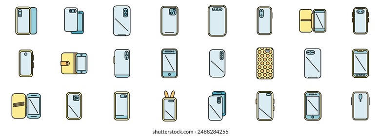 Smartphone case icons set outline vector. Cover case. Glass crash thin line color flat on white