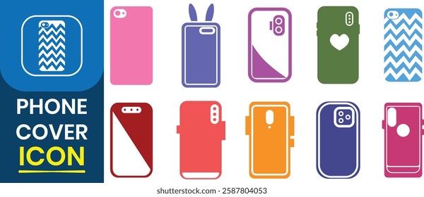 Smartphone case vector icons set. Glass crash protection. Screen protection for mobile phone cover. Mock up, cover icon. Vector illustration.