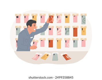 Ilustraciones vectoriales de dibujos animados aislados de cajas de teléfonos inteligentes. El trabajador de la tienda de accesorios se ocupa de las cubiertas y las cajas del teléfono inteligente, tecnología móvil, diversidad de gadgets protectores de dibujos animados de Vector.