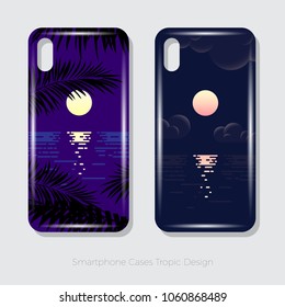 Smartphone Cases Tropic Design. Landscape with Moon sea and palm leaves  on a dark violet background. Landscape with Moon sea and clouds on a dark blue background.