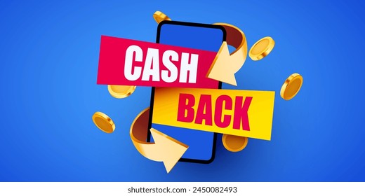 Smartphone with cashback label and flying coins. Money back. Online shopping. Vector illustration