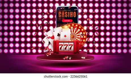 Smartphone with casino slot machine, Roulette, playing cards, poker chips on podium floating in the air on background with wall of round lights in dark scene