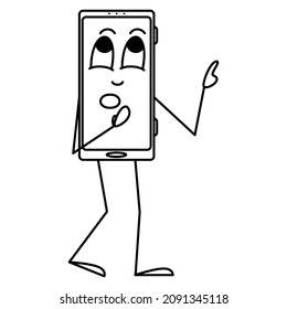The smartphone cautiously points with its hand at something.  Humanization of a smartphone with emotion, stylization of a gadget. Vector icon, outline, cartoon, isolated. Editable stroke