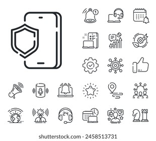 Signo de antivirus para smartphone o celular. Coloca iconos de ubicación, tecnología y contorno de altavoz inteligente. Icono de línea de protección del teléfono. Símbolo de accesorios móviles. Señal de línea de protección de teléfono. Vector