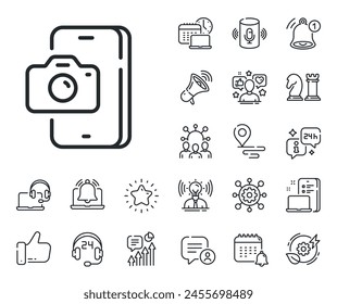 Signo de teléfono inteligente o celular. Coloca iconos de ubicación, tecnología y contorno de altavoz inteligente. Icono de línea de fotos del teléfono. Símbolo de accesorios móviles. Señal de la línea de fotos del teléfono. Vector