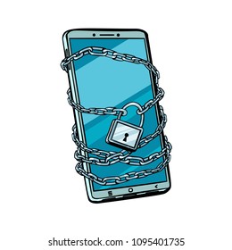 smartphone chain lock. Locked gadget. isolated on white background. Pop art retro vector illustration comic cartoon kitsch vintage drawing