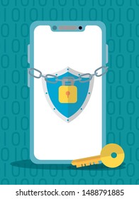 smartphone chain padlock key technology internet security vector illustration