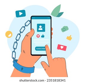 Smartphone chained to hand vector illustration. User subscribing to profile on social media, posting photos and liking videos without break. Social media addiction, technology concept