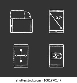 Smartphone chalk icons set. Display inch size, screen rotation and resize, battery charging. Isolated vector chalkboard illustrations