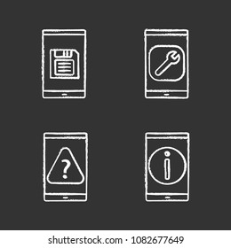 Smartphone chalk icons set. Save button, settings, mobile phone FAQ, error. Isolated vector chalkboard illustrations