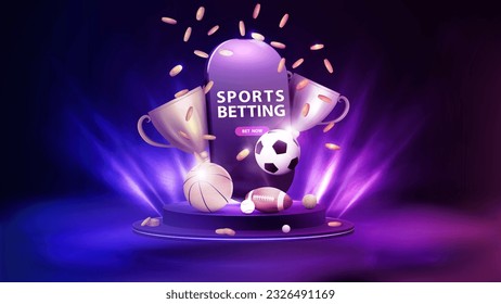 Smartphone with champion cups, falling coins and sport balls on podium with lighting of spotlights. Sport betting poster