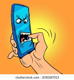 The smartphone character bites his hand. Dangerous mobile phones, information security and online addiction