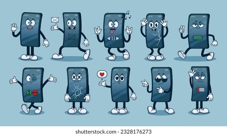 Smartphone character. Cartoon mascot phone. Mobile screen face emotions. Comic mobile phone poses with hand and leg, funny staying gadget, device sending email, vector set. Low and full battery