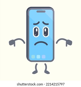 Smartphone character with dislike thumbs down pose. Phone cute cartoon character.