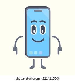 Smartphone character with down pointing pose. Phone cute cartoon character.