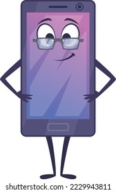 Smartphone character in glasses. Cartoon smiling phone mascot