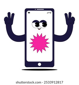 Smartphone character with hands and cute face and smile. Mobile phone mascot in 70s 80s style. Vector illustration in retro groovy style on transparent background