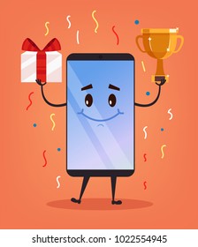 Smartphone character hold gift. Vector flat cartoon illustration