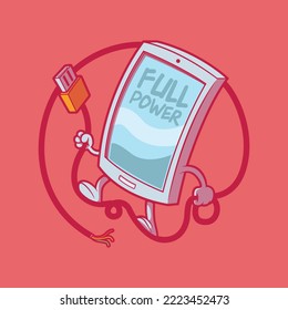 Ilustración vectorial del cable de carga del carácter de Smartphone. Conectividad, tecnología, concepto de diseño energético.