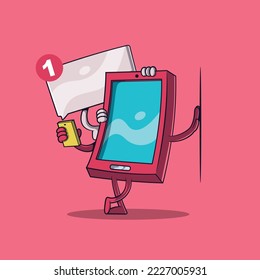 Smartphone character sending a message vector illustration. Technology, communication, and sharing design concepts.
