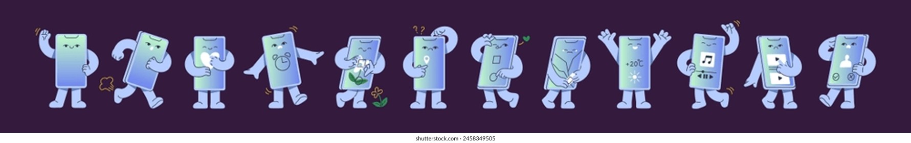 Smartphone character set. Mobile phone mascot with legs, arms, different emotions on face. Cartoon cellphone greeting, listen to music, take photo. Funny telephone. Flat isolated vector illustrations